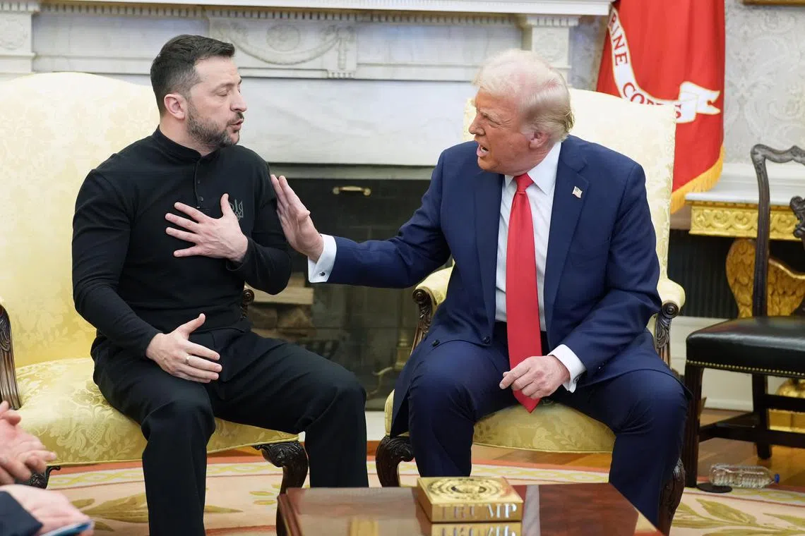 President Donald Trump, right, meets with President Volodymyr Zelenskyy of Ukraine, left, in the Oval Office on Friday, Feb. 28, 2025. (Doug Mills/The New York Times)