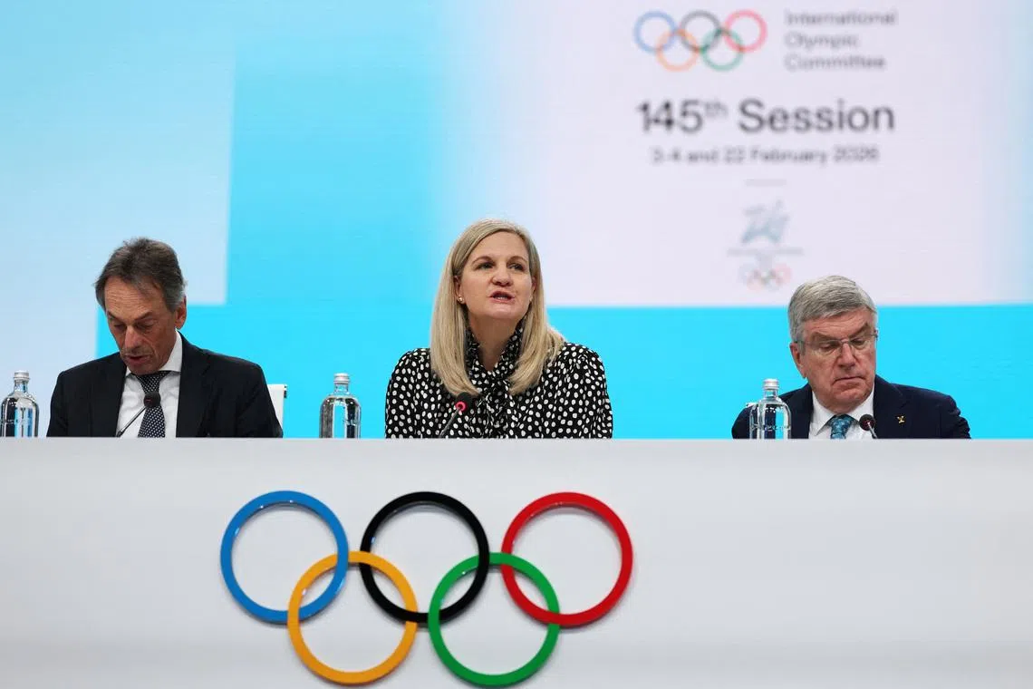 Milano Cortina 2026 Winter Olympics - 145th IOC Session - Auditorium MPC, Milan, Italy - February 4, 2026 IOC President Kirsty Coventry, IOC director general Christophe De Kepper and former IOC president Thomas Bach attend the 145th IOC Session REUTERS/Piroschka Van De Wouw