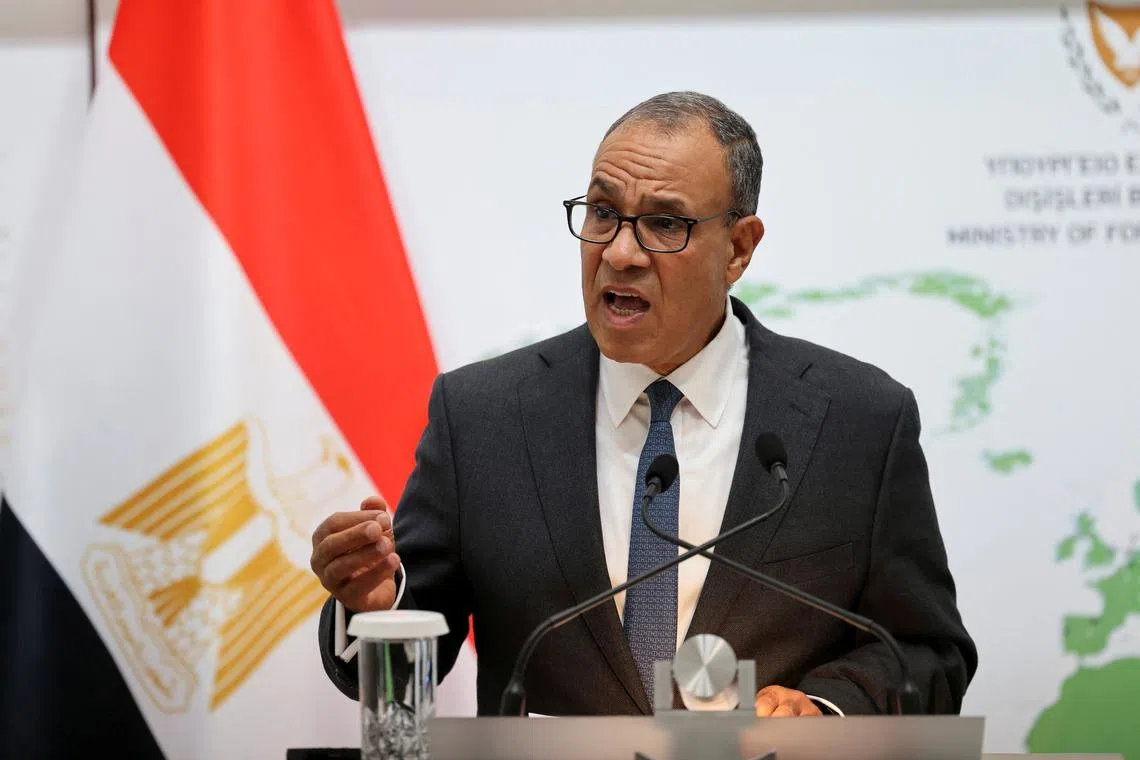Egyptian Foreign Minister Badr Abdelatty speaks during  a press conference with Cyprus Foreign Minister Constantinos Kombos (not pictured) at the Foreign Ministry in Nicosia, Cyprus September 5, 2025. REUTERS/Yiannis Kourtoglou