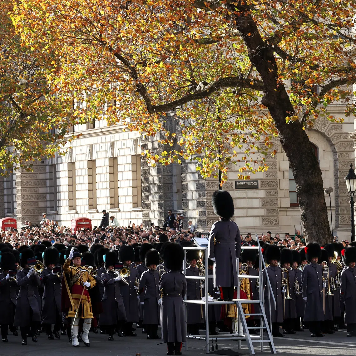 Members of the military marching bands perform at the beginning of the Remembrance Sunday ceremony at The Cenotaph on Whitehall in London, Britain, November 9, 2025. REUTERS/Toby Melville/Pool