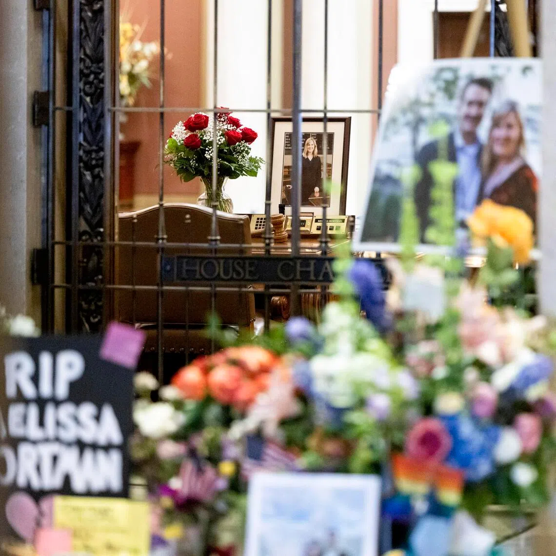 A June 2025 photo shows a makeshift memorial to State Representative Melissa Hortman and her husband, Mark, who were gunned down in their home on June 14, 2025.