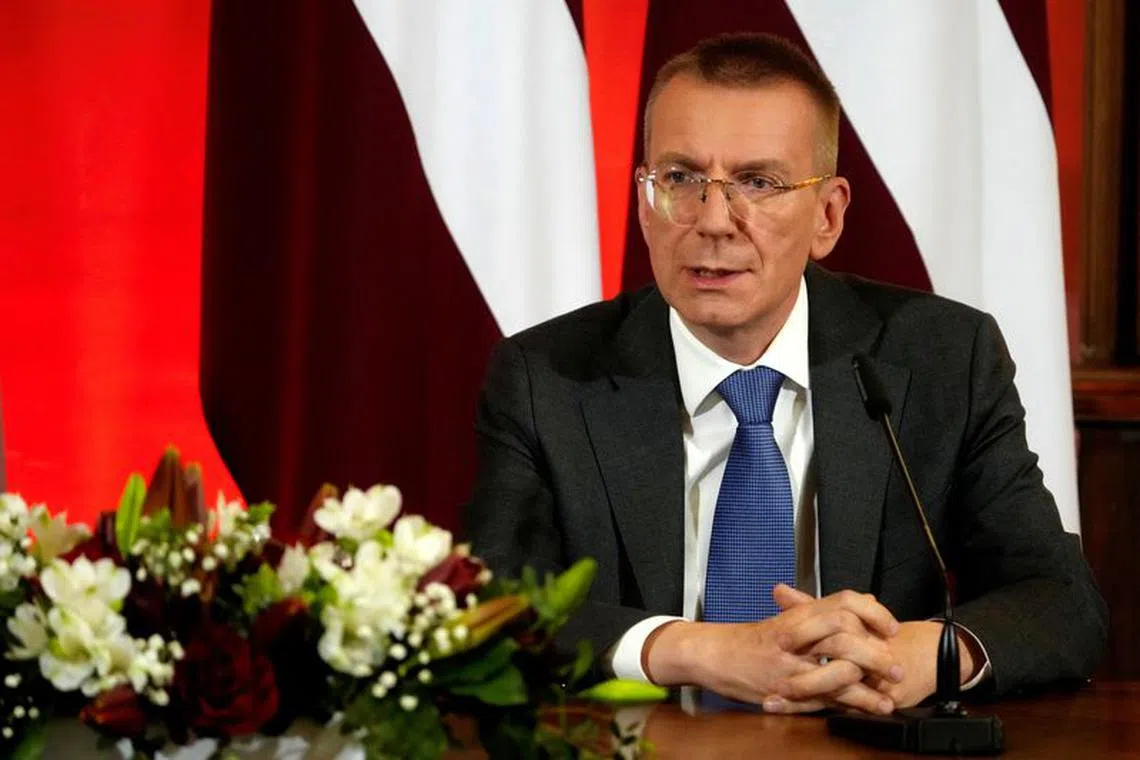 FILE PHOTO: Newly-elected Latvian President Edgars Rinkevics speaks during a press conference in Riga, Latvia May 31, 2023. REUTERS/Ints Kalnins/file photo