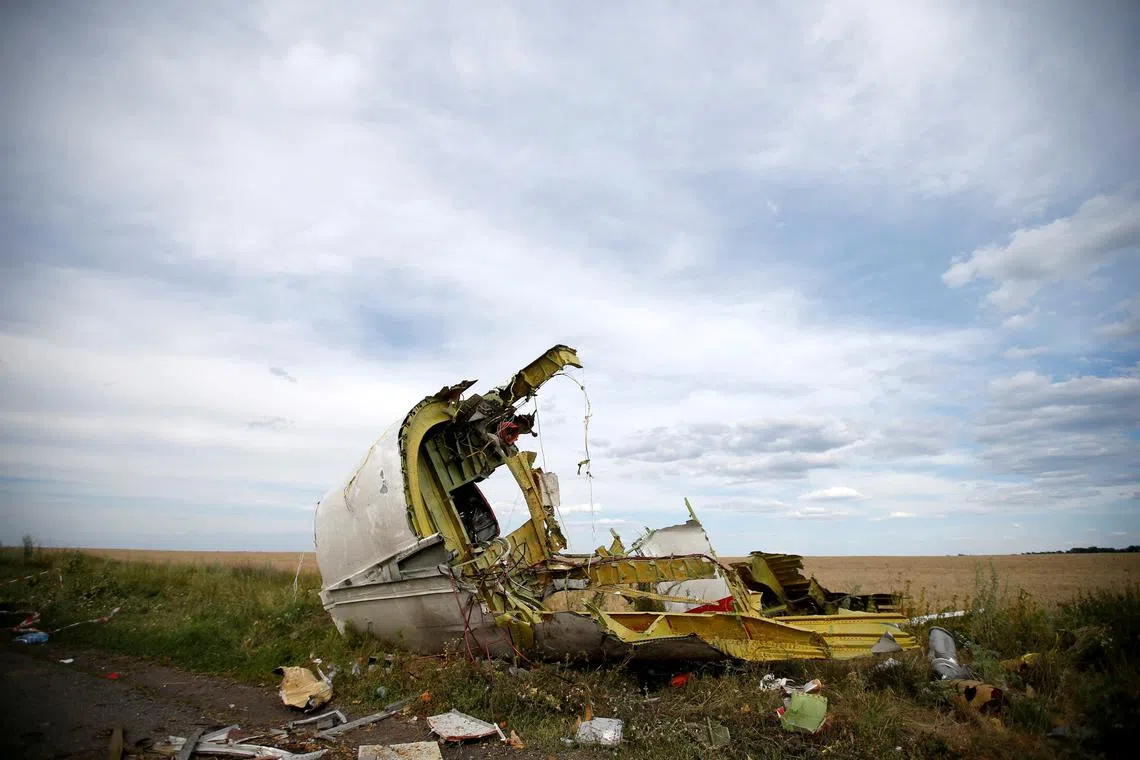 A part of the wreckage of Malaysian Airlines Flight MH17 is seen at the crash site near the village of Hrabove, in Ukraine in this July 21, 2014, file photo.