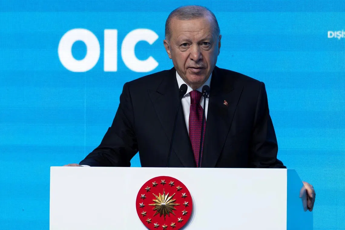 Turkish President Tayyip Erdogan speaks during the 51st Session of the Council of Foreign Ministers of the Organisation of Islamic Cooperation (OIC) in Istanbul, Turkey, June 21, 2025. REUTERS/Umit Bektas