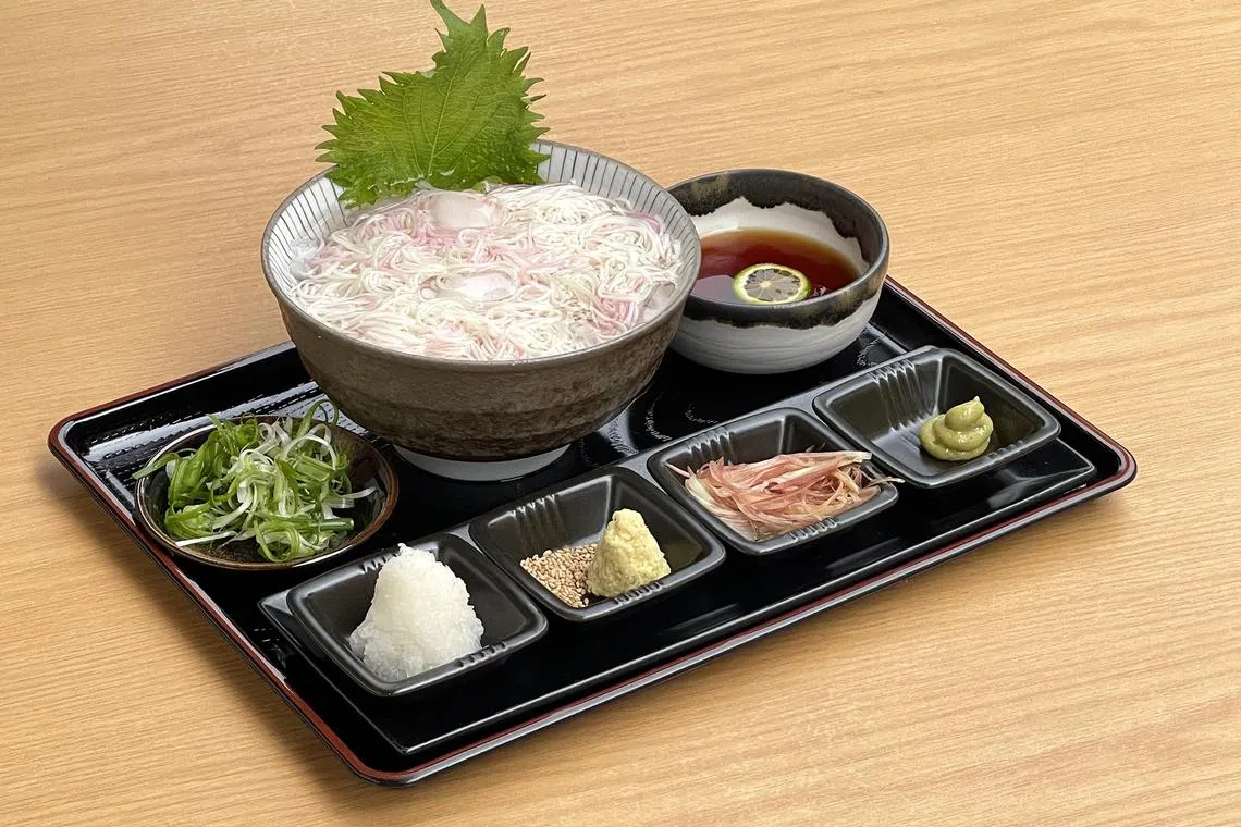 Jazz up the dipping sauce with toppings such as grated daikon and spring onion, in this Chilled Somen dish.