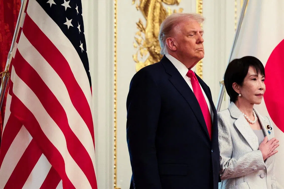U.S. President Donald Trump and Japanese Prime Minister Sanae Takaichi attend a bilateral meeting at Akasaka Palace in Tokyo, Japan, October 28, 2025. REUTERS/Evelyn Hockstein/File Photo