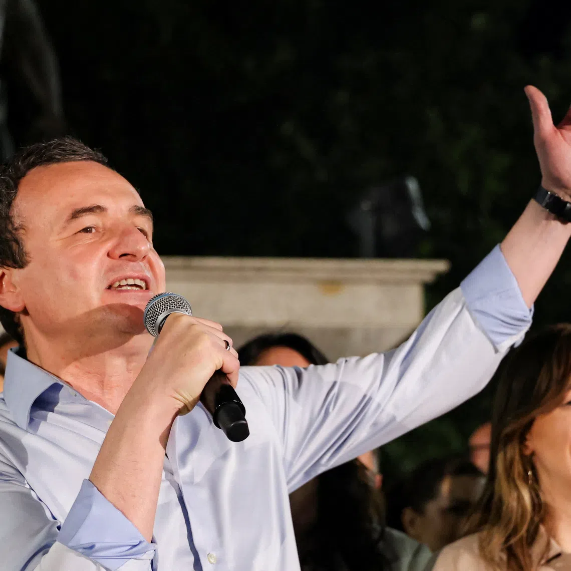 FILE PHOTO: Kosovo's acting Prime Minister and Levizja Vetevendosje (Movement for Self-Determination) party leader Albin Kurti addresses supporters following a snap parliamentary election, in Pristina, Kosovo, June 8, 2026. REUTERS/Valdrin Xhemaj/File Photo