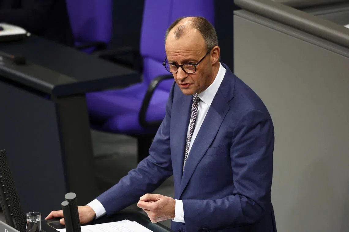 FILE PHOTO: German Chancellor Friedrich Merz gives a government statement on the foreign policy situation during a session of the lower house of the German parliament, the Bundestag, in Berlin, Germany, January 29, 2026. REUTERS/Liesa Johannssen/File Photo
