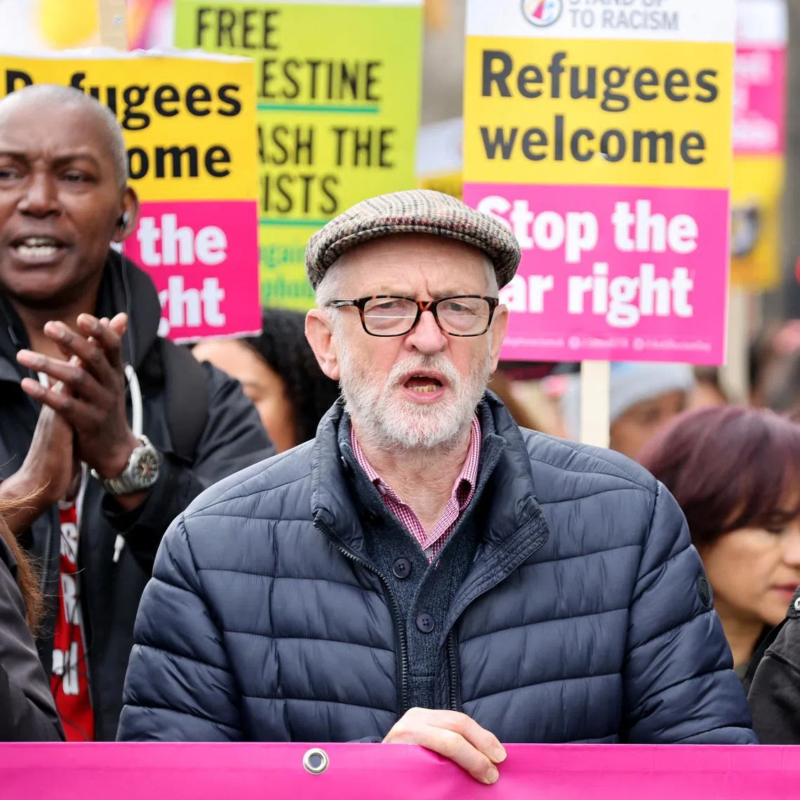 FILE PHOTO: Former Labour leader Jeremy Corbyn takes part in a demonstration against racism, outside the Home Office in London, Britain, March 16, 2024. REUTERS/Belinda Jiao/File Photo