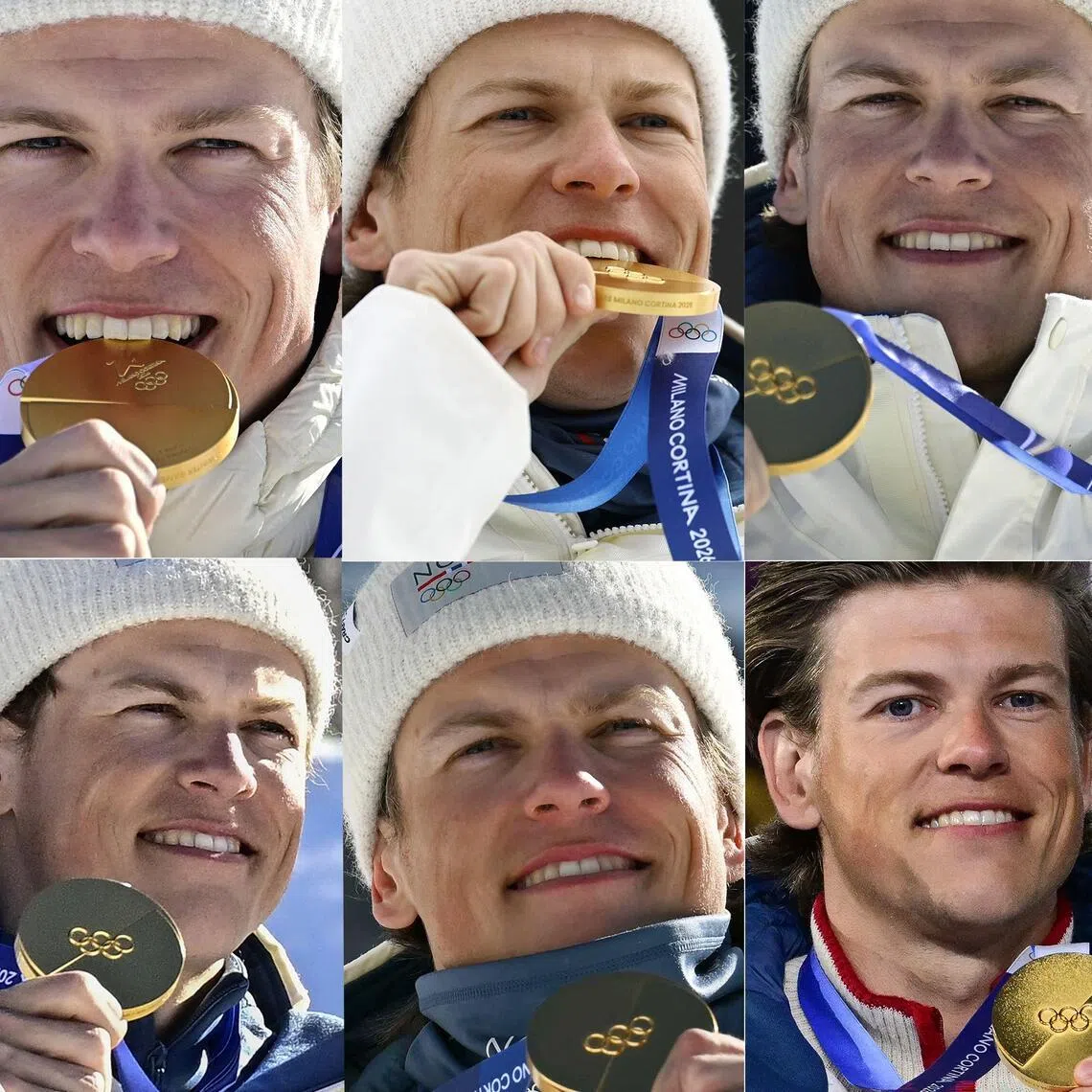 Norwegian cross-country skier Johannes Klaebo with the six different gold medals he won during the 2026 Milano-Cortina Winter Olympic Games.