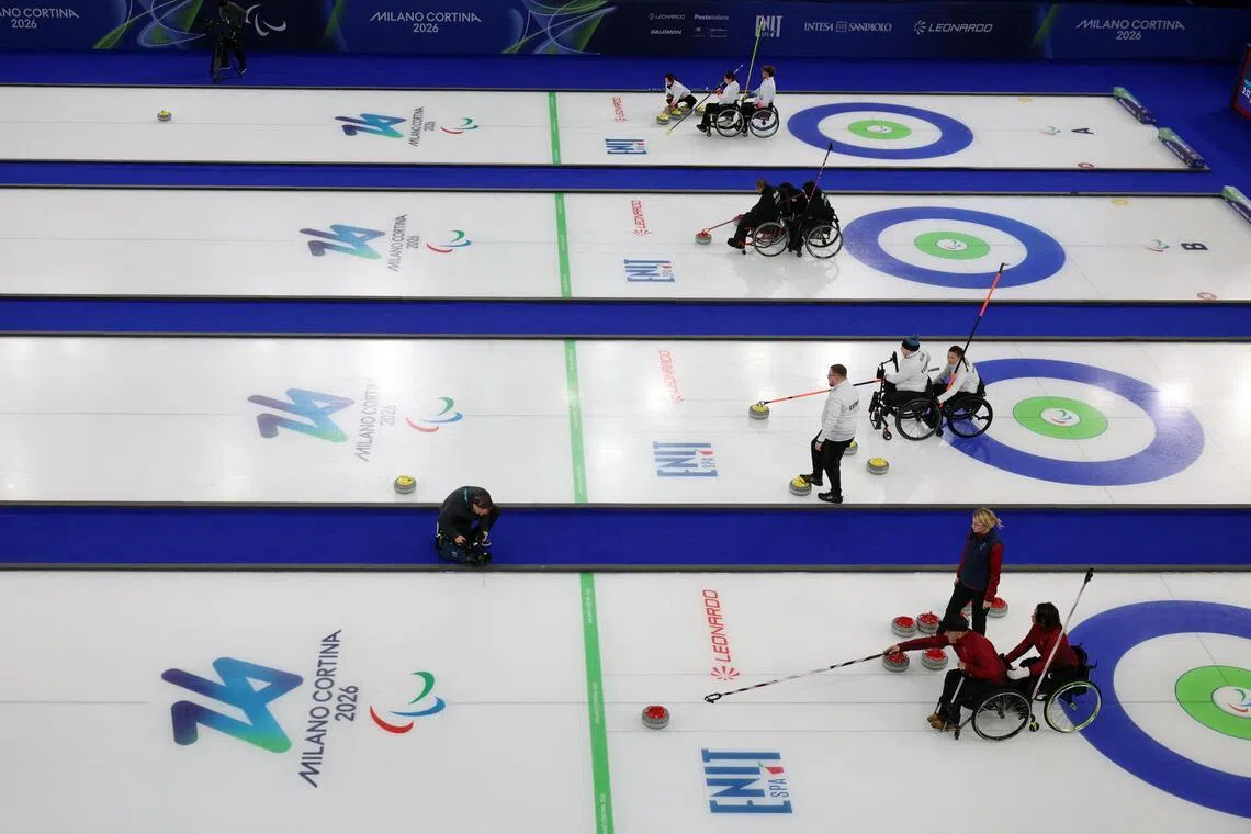 General view of athletes in action during the wheelchair curling at the 2026 Winter Paralympics.