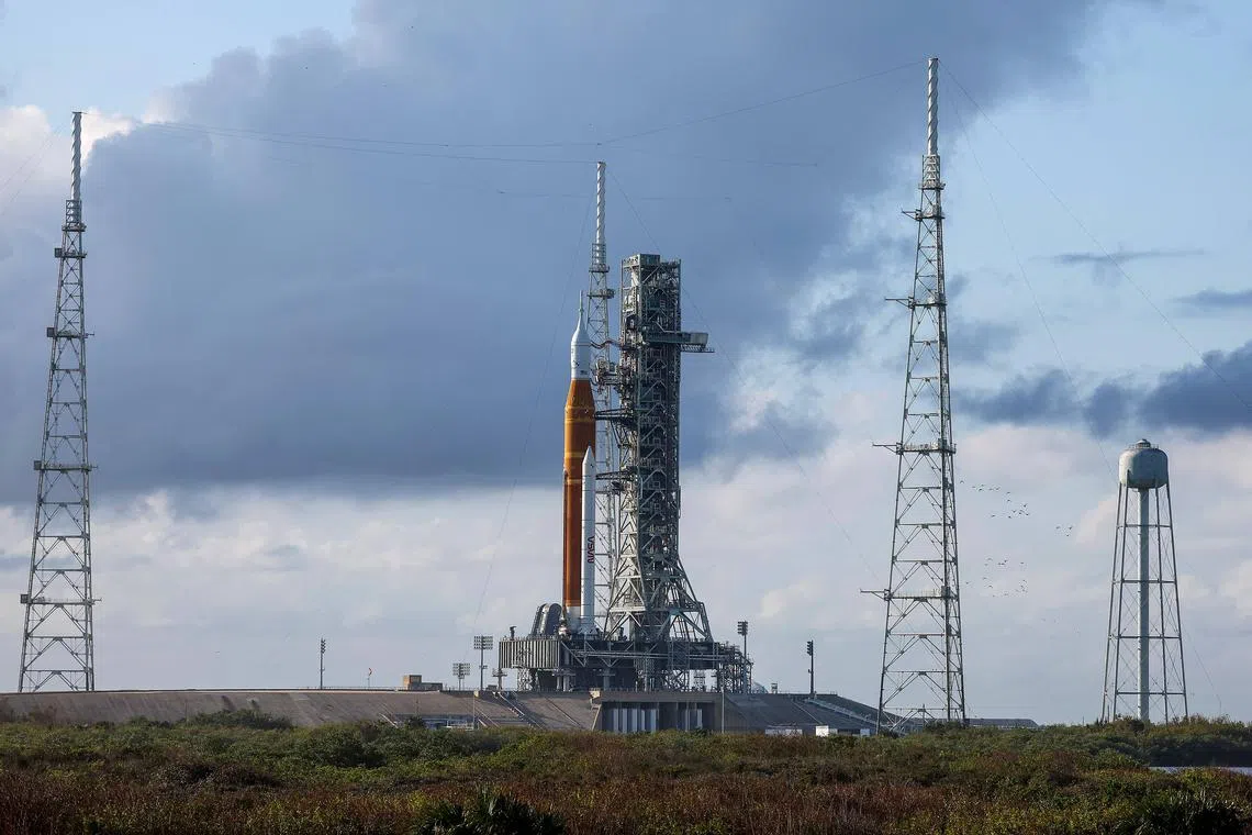 Nasa's Space Launch System (SLS) rocket with the Orion spacecraft atop resting on launch pad 39B as final preparations are made for the Artemis I mission at Nasa's Kennedy Space Center on Monday. 
