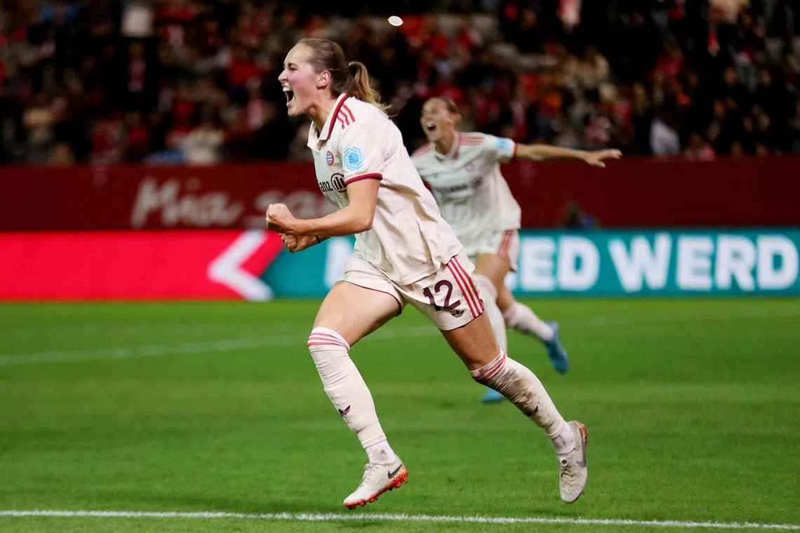 FILE PHOTO: Soccer Football - Women's Champions League - Group C - Bayern Munich v Arsenal - FC Bayern Campus Platz 1, Munich, Germany - October 9, 2024 Bayern Munich's Sydney Lohmann celebrates scoring their second goal REUTERS/Leonhard Simon/File Photo