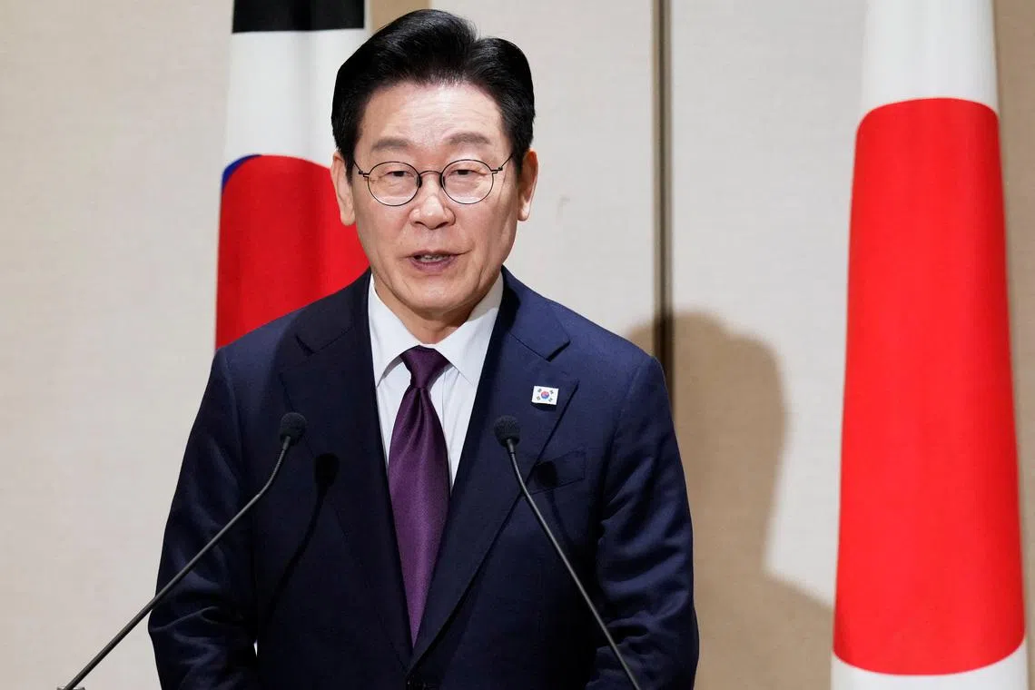 South Korean President Lee Jae Myung speaks during a joint news conference with Japanese Prime Minister Sanae Takaichi (not pictured) after their talk in Nara, western Japan, January 13, 2026. Eugene Hoshiko/Pool via REUTERS
