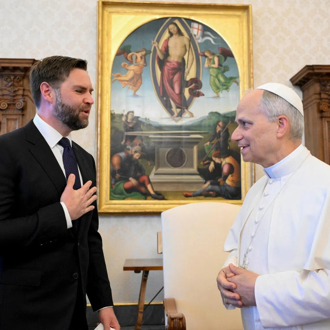 Pope Leo XIV meets with U.S Vice President JD Vance at the Vatican, May 19, 2025. Vatican Media/­Simone Risoluti/Handout via REUTERS