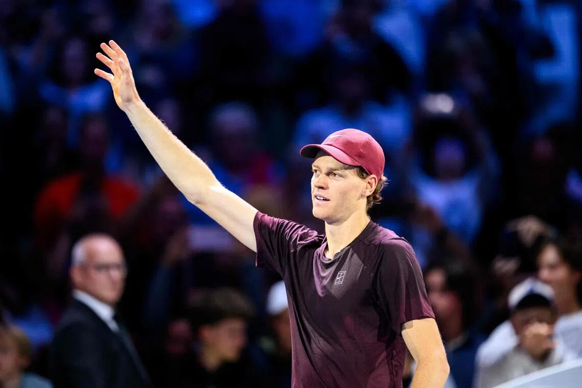 Italy's Jannik Sinner celebrating his win over Australia's Alex de Minaur in Vienna on Oct 25.