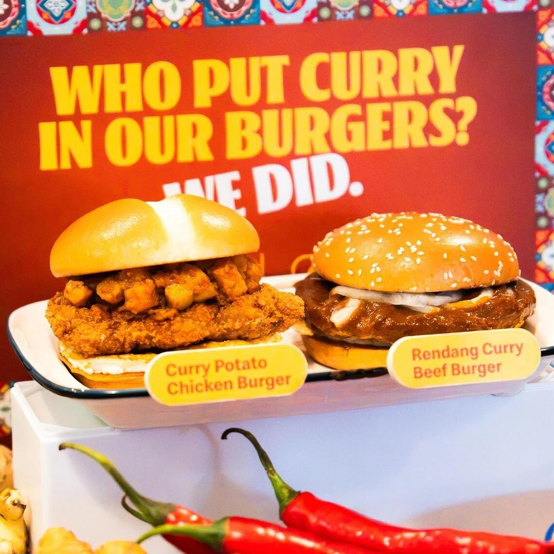 Two burgers from the collaboration are Curry Potato Chicken Burger and Rendang Curry Beef Burger.