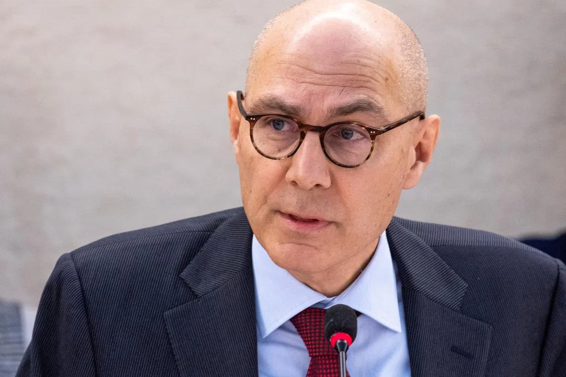 FILE PHOTO: Volker Turk United Nations High Commissioner for Human Rights addresses the Human Rights Council on his report on the situation of human rights in the Occupied Palestinian Territory, including East Jerusalem, and the obligation to ensure accountability and justice at the UN in Geneva, Switzerland, February 29, 2024. REUTERS/Denis Balibouse/File Photo