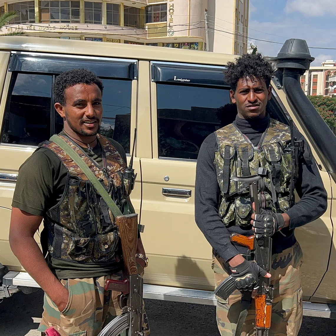 Members of the Ethiopian pro-government Tigray Peace Force (TPF) patrol after the Tigray People's Liberation Front (TPLF) army retreated from the regional capital Mekelle, Tigray Region, Ethiopia, October 6, 2026. Picture taken with a mobile phone. Obtained by REUTERS