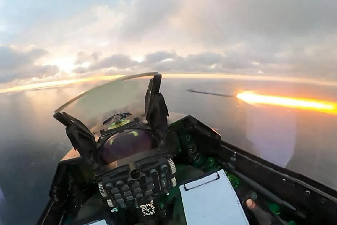 A video grab showing the moment when a Romanian F-16 fighter jet engaged an attack drone flying over the Black Sea on Oct 17, near Sulina, Romania.