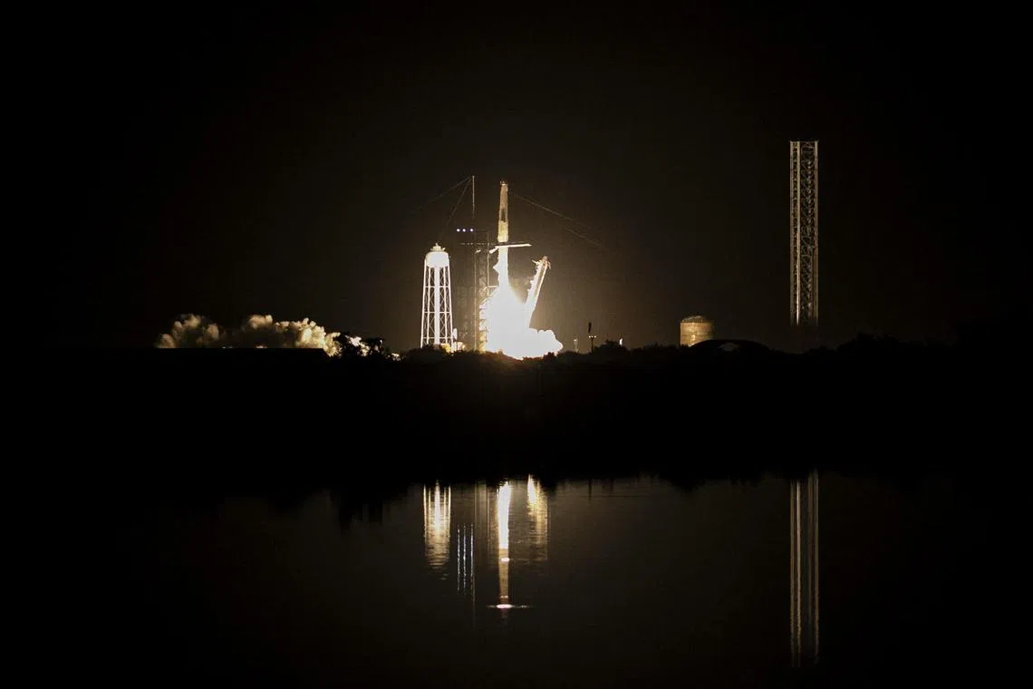 CAPE CANAVERAL, FLORIDA - AUGUST 26: A SpaceX Falcon 9 rocket with the Crew Dragon spacecraft carrying NASA's SpaceX Crew-7 mission lifts off from Launch Complex 39A at the Kennedy Space Center on August 26, 2023 in Cape Canaveral, Florida. NASA's SpaceX Crew-7 mission is the seventh crew rotation mission of the SpaceX Crew Dragon spacecraft and Falcon 9 rocket to the International Space Station as part of the agency's Commercial Crew Program.   Eva Marie Uzcategui/Getty Images/AFP (Photo by Eva Marie Uzcategui / GETTY IMAGES NORTH AMERICA / Getty Images via AFP)
