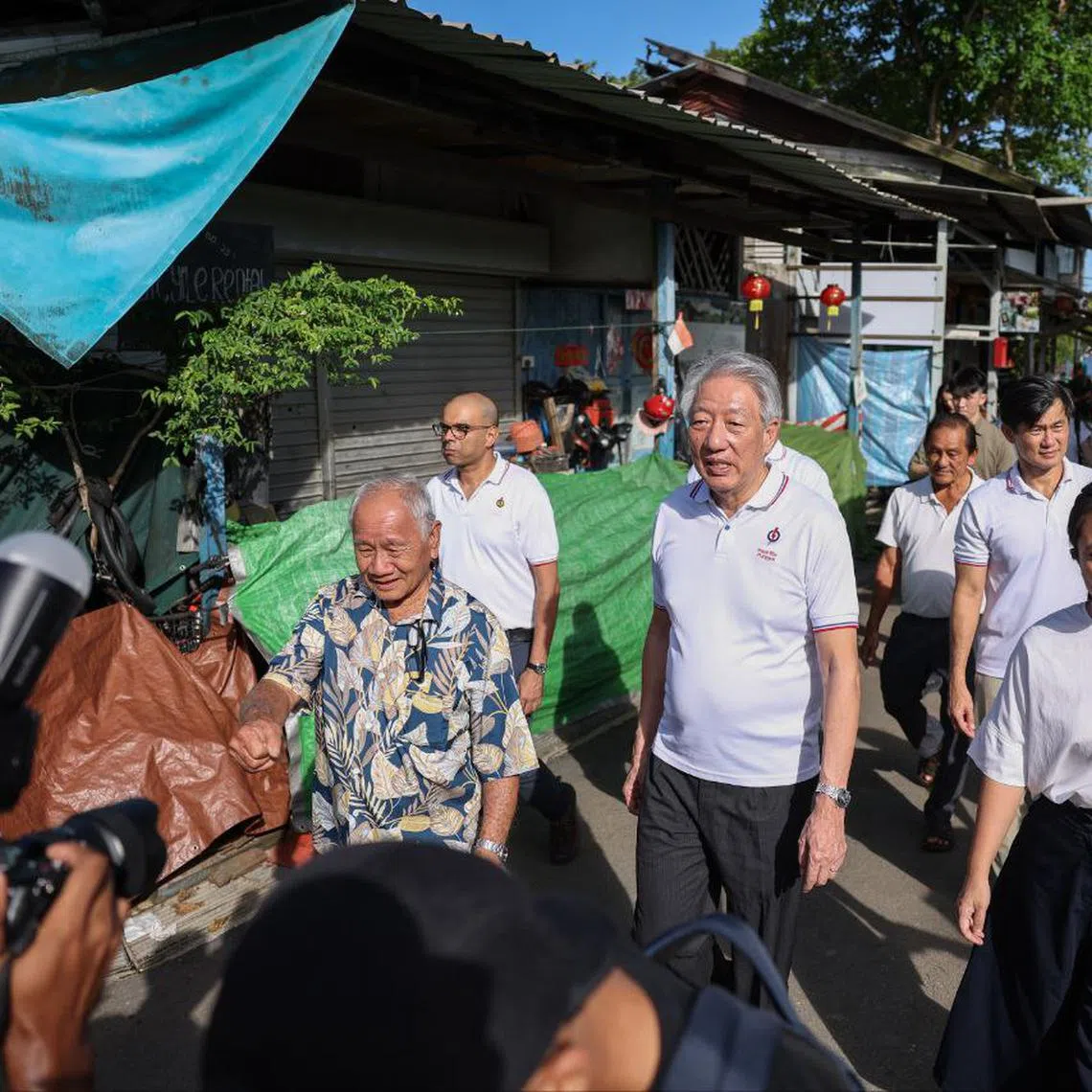 Senior Minister Teo Chee Hean (foreground, centre) leading a PAP team comprising party newcomer Valerie Lee, Senior Minister of State in the Prime Minister’s Office Desmond Tan (behind Ms Lee), Senior Minister of State for Digital Development and Information and Health Janil Puthucheary and Pasir Ris-Punggol GRC MP Sharael Taha (behind SM Teo, partially hidden) during a visit to Pulau Ubin on April 11.