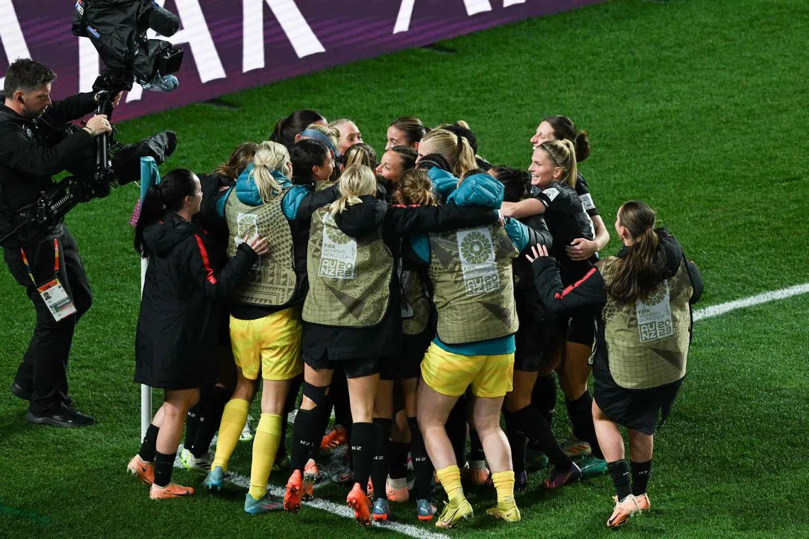 New Zealand players celebrate after scoring in the 1-0 win over Norway in the Women's World Cup.