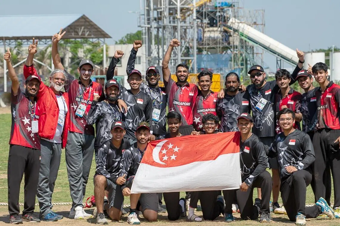 dgcricket15 - 2023 SEA GAMES - CRICKET - CRICKET MEN 6-A-SIDE ROUND ROBIN (SGP VS CAM) – AZ GROUP CRICKET OVAL, PHNOM PENH, CAMBODIA – 20230515 SINGAPORE’S MEN CRICKET TEAM WON GOLD. MANDATORY CREDIT: SPORT SINGAPORE / FLONA HAKIM