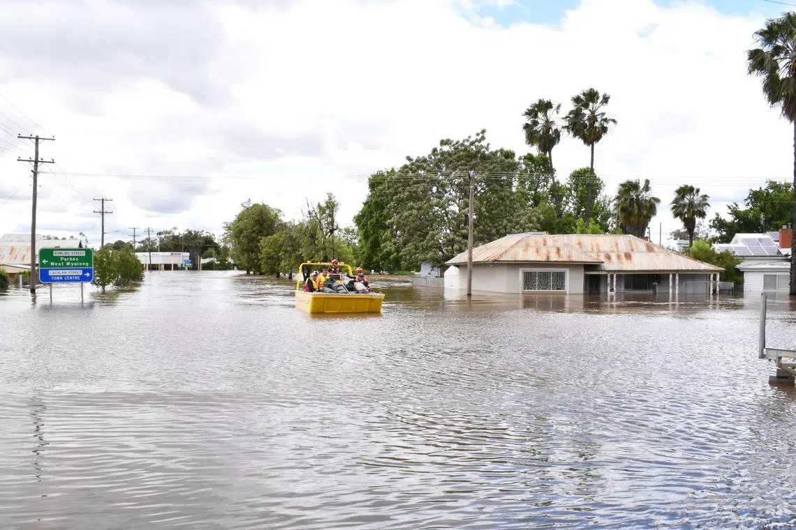 Flooded homes in Forbes, Central West New South Wales on Nov 16, 2022. Rising greenhouse gas levels are causing the climate to warm and extreme weather events to become more frequent.