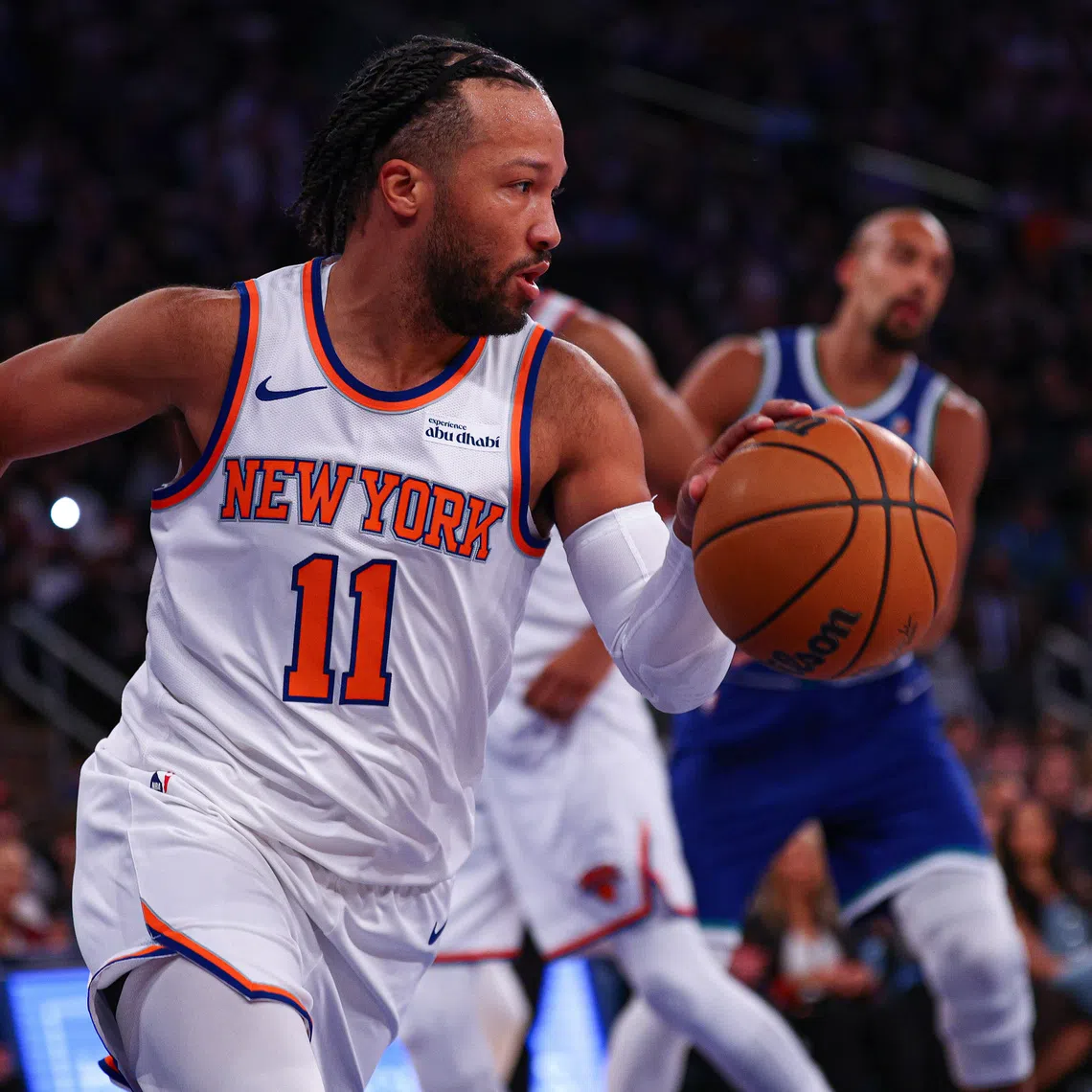 Oct 12, 2026; New York, New York, USA;  New York Knicks point guard Jalen Brunson (11) dribbles during the first quarter against the Minnesota Timberwolves at Madison Square Garden.  Mandatory Credit: Vincent Carchietta-Imagn Images