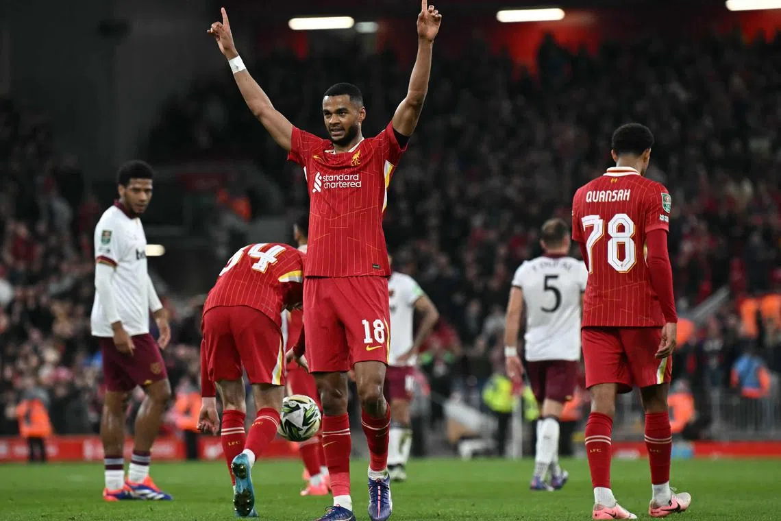 Liverpool's Dutch striker Cody Gakpo reacting after scoring one of his two goals during the 5-1 League Cup third-round win over West Ham United at Anfield on Sept 25.
