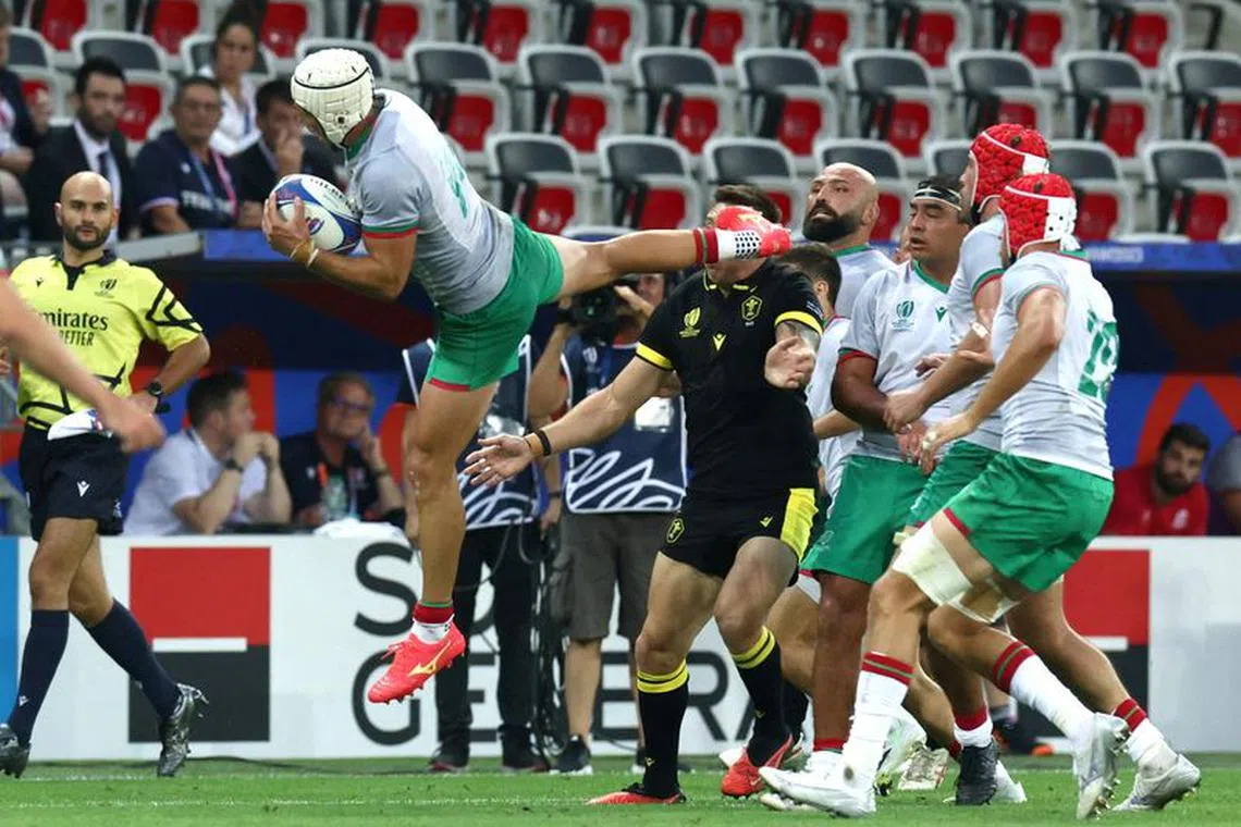 FILE PHOTO: Rugby Union - Rugby World Cup 2023 - Pool C - Wales v Portugal - Allianz Riviera, Nice, France - September 16, 2023 Portugal's Vincent Pinto kicks the head of Wales' Josh Adams and is shown a yellow card by referee Karl Dickson REUTERS/Stephanie Lecocq/File Photo