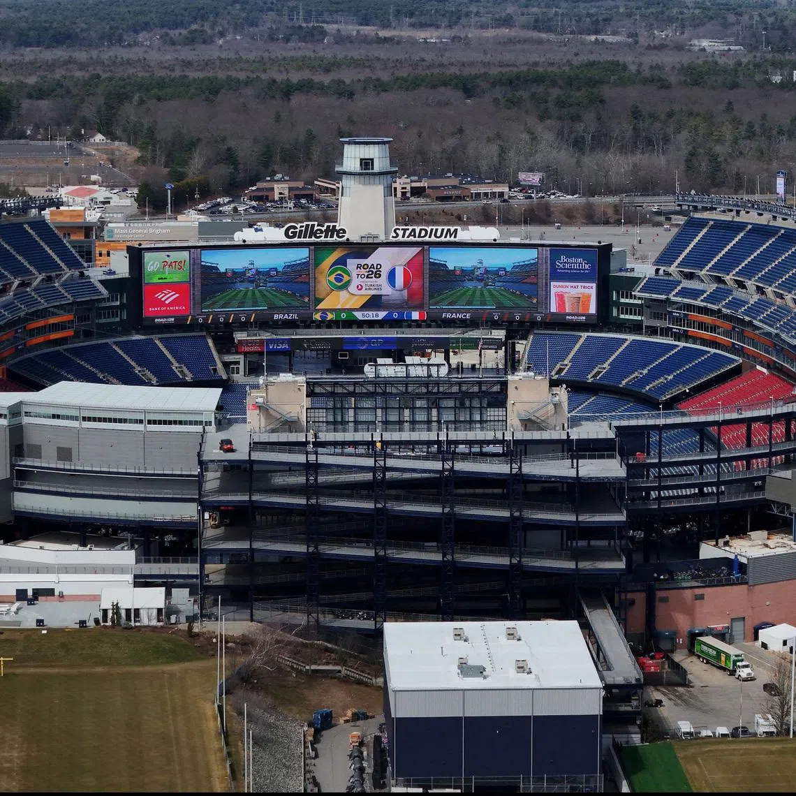 A drone view shows Gillette Stadium, which will be called Boston Stadium when it hosts games in the 2026 FIFA World Cup, in Foxborough, Massachusetts, U.S., March 25, 2026.   REUTERS/Brian Snyder