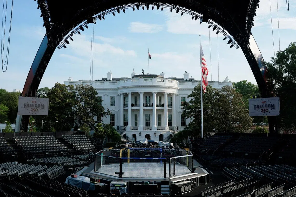 A view of the setup ahead of the UFC Freedom 250 fights on the South Lawn of the White House in Washington, D.C., U.S., June 11, 2026. REUTERS/Evan Vucci