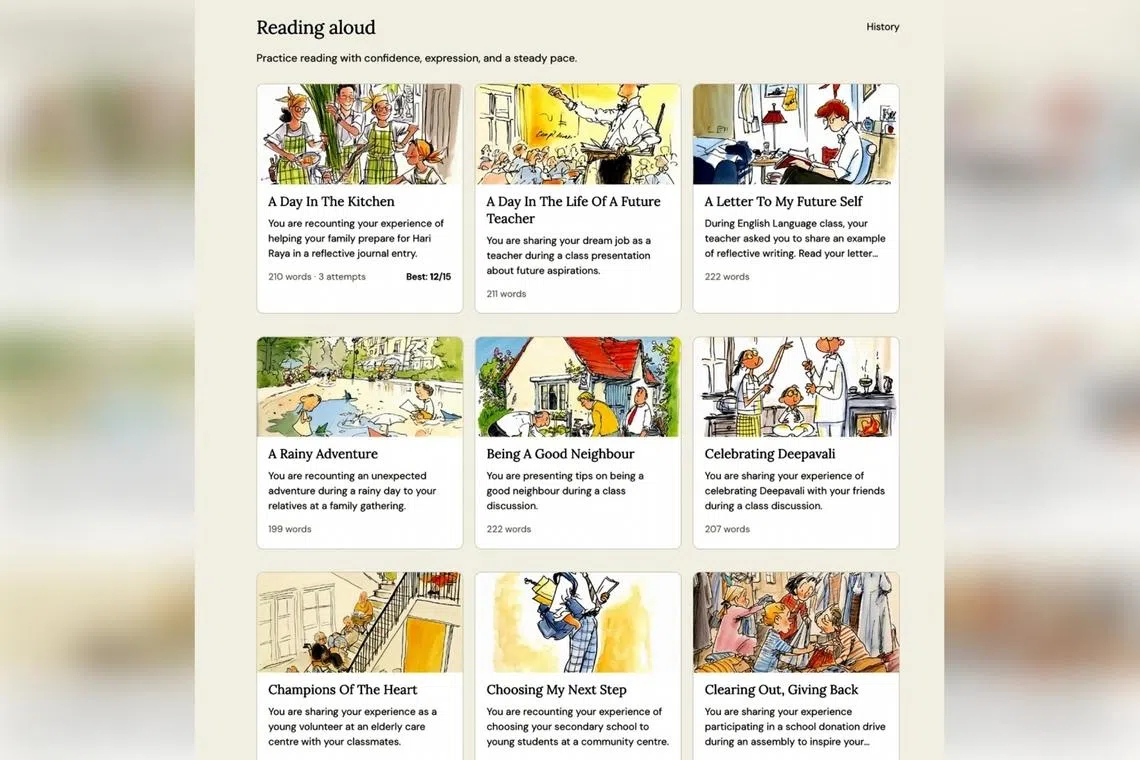 A screenshot of cher.ai oral reading page. The AI platform comprises a bank of 60 conversation topics with varying levels of difficulty.