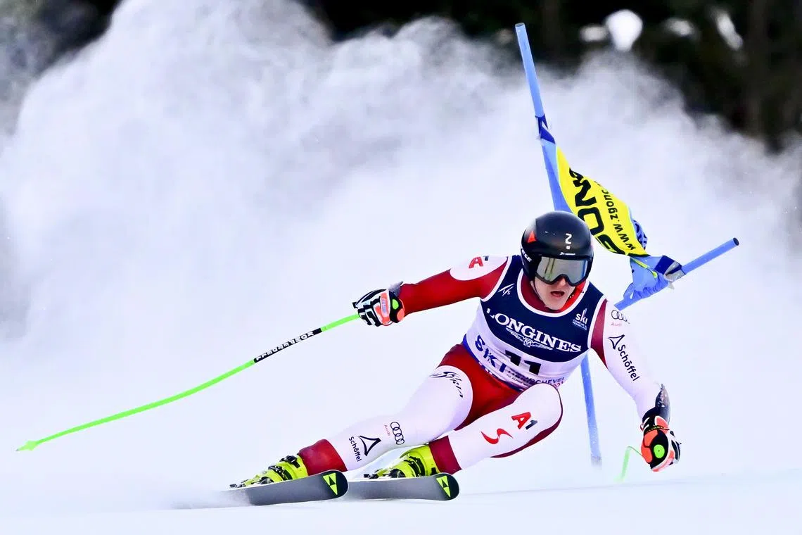 Raphael Haaser of Austria in action during the Super-G run of the Men's Alpine Combined event at the FIS Alpine Skiing World Championships in Meribel, France, Feb 07, 2023. 
