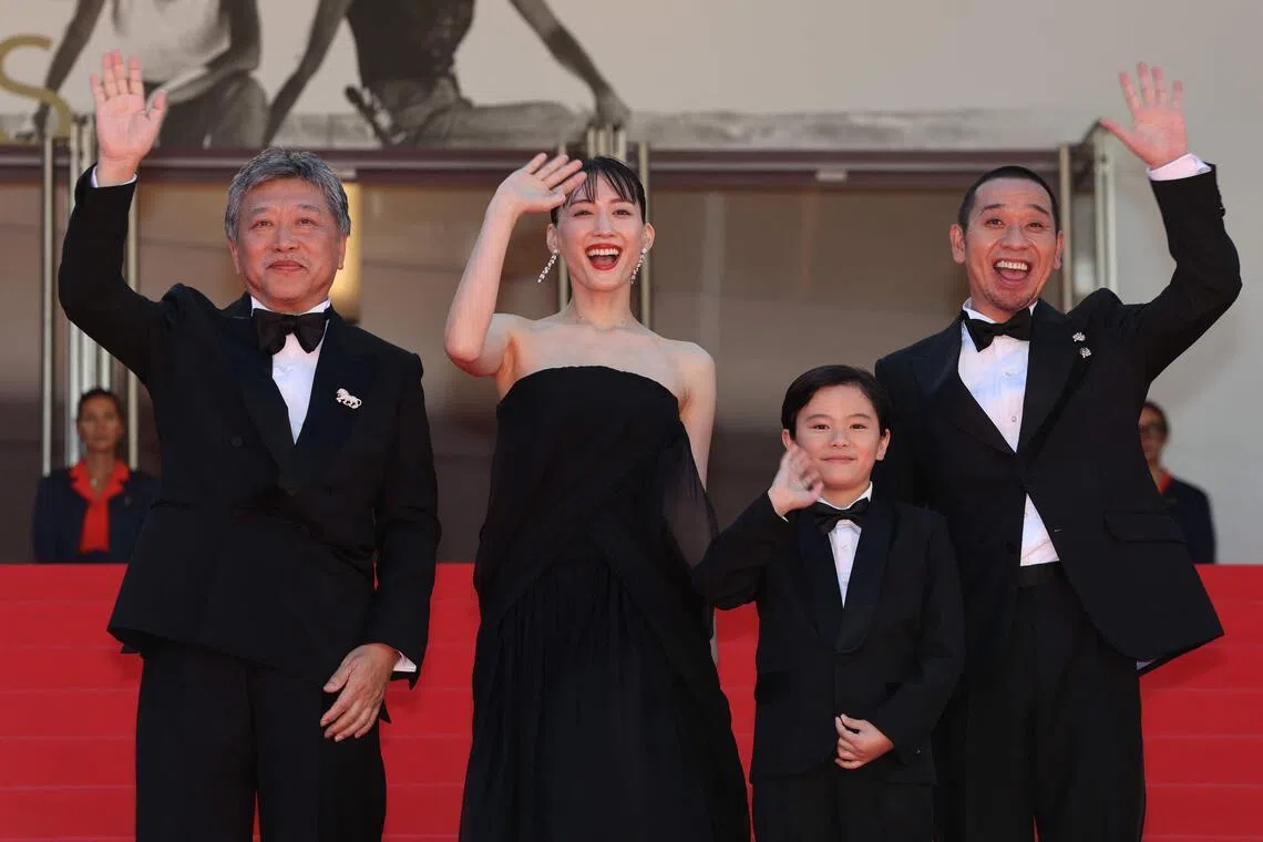 (From left) Director Hirokazu Kore-eda and actors Haruka Ayase, Rimu Kuwaki and Daigo Yamamoto at the screening of Sheep In The Box at the Cannes Film Festival in Cannes, southern France on May 16, 2026. 