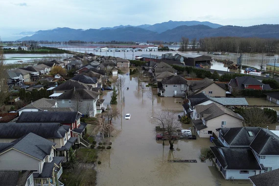 A drone view shows floodwaters inundating the Huntington neighbourhood, in Abbotsford, British Columbia, Canada, on Dec 11, 2025.