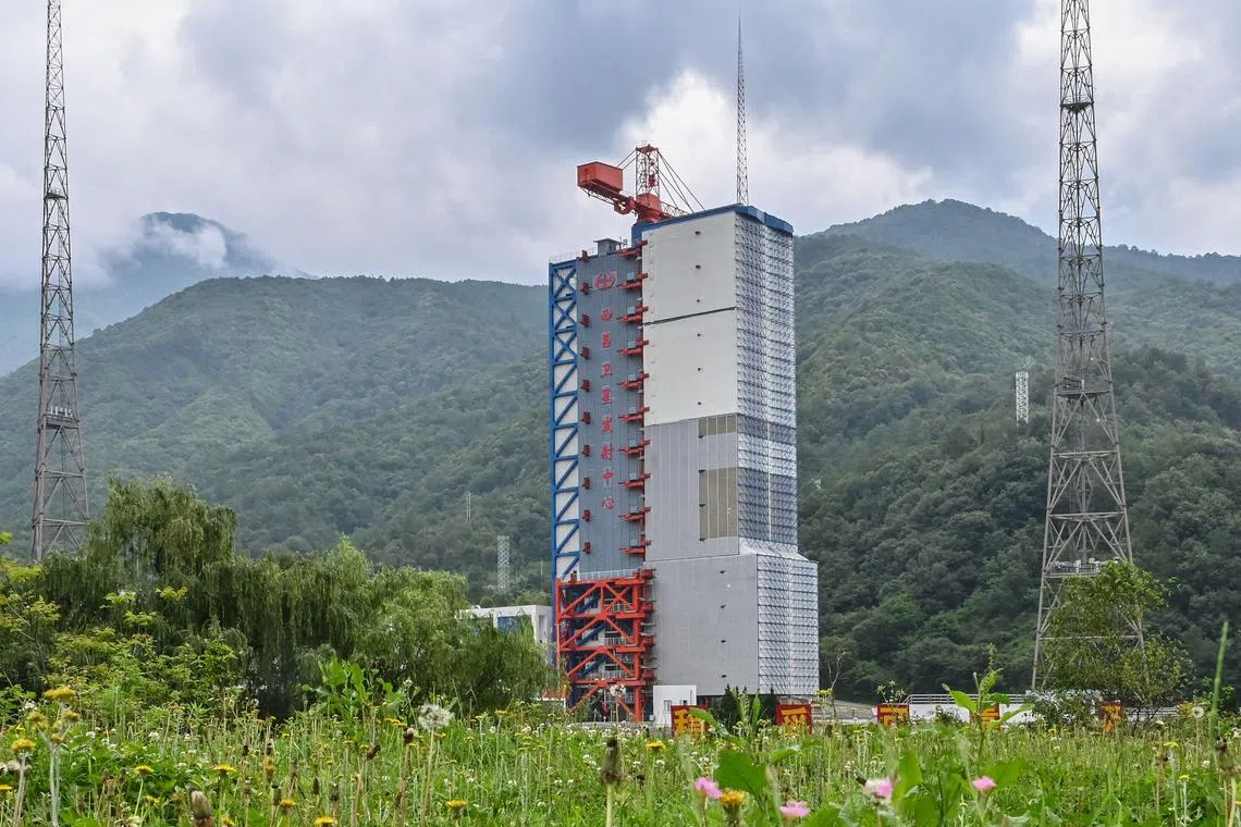 This photo shows the launch platform for the French-Chinese Space Variable Objects Monitor (SVOM) satellite mission in Xichang, in China’s southwestern Sichuan province on June 21, 2024. The Space Variable Objects Monitor (SVOM) is scheduled to blast off on a Chinese Long March 2C rocket on June 22 on a mission to hunt down gamma-ray bursts, the most powerful explosions in the universe. (Photo by ADEK BERRY / AFP)