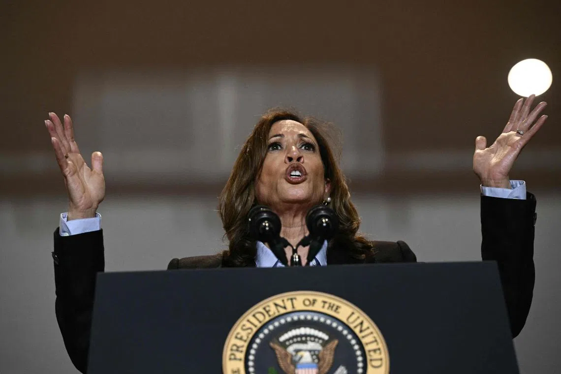 US Vice-President and Democratic presidential candidate Kamala Harris speaking during a campaign rally at the International Brotherhood of Electrical Workers (IBEW) Local 5 in Pittsburgh, Pennsylvania, on Sept 2. 