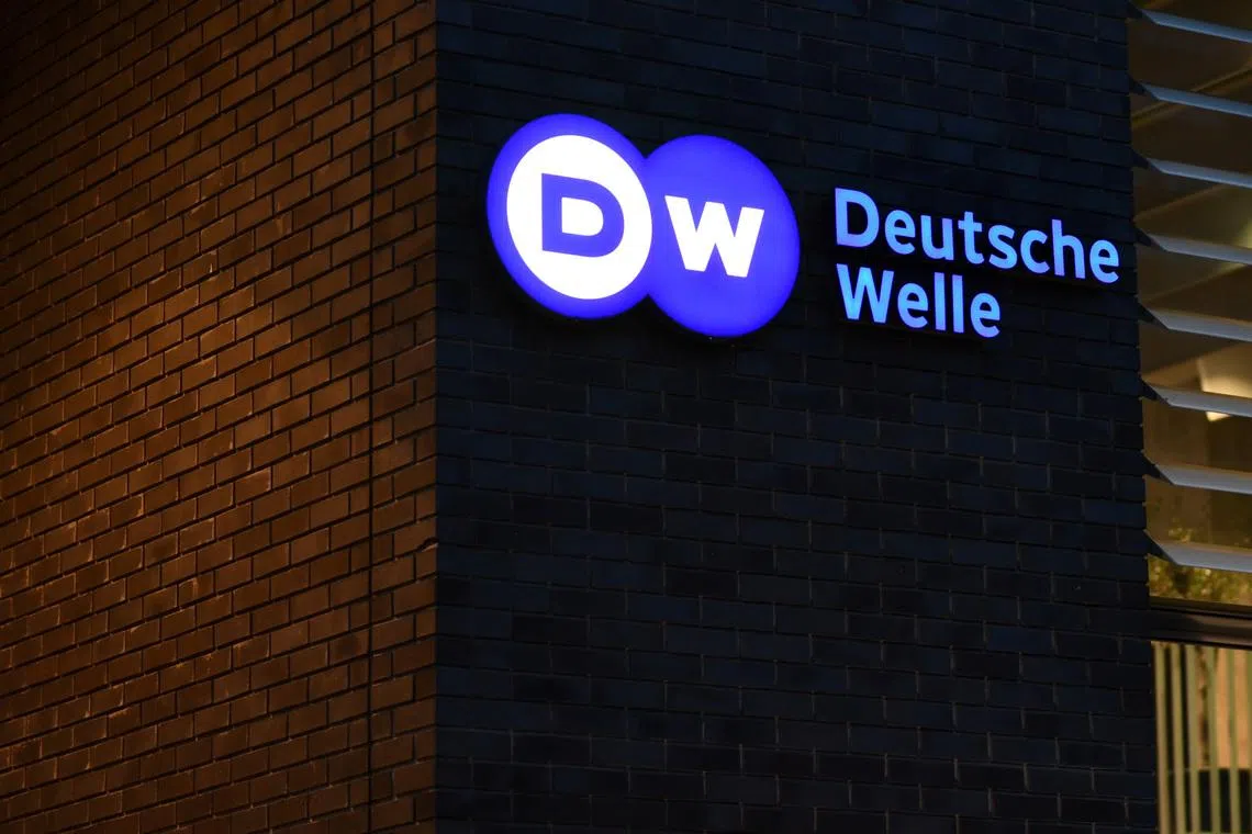 The logo of German international broadcaster Deutsche Welle is pictured in Berlin, Germany, January 30, 2020. Picture taken January 30, 2020.  REUTERS/Annegret Hilse