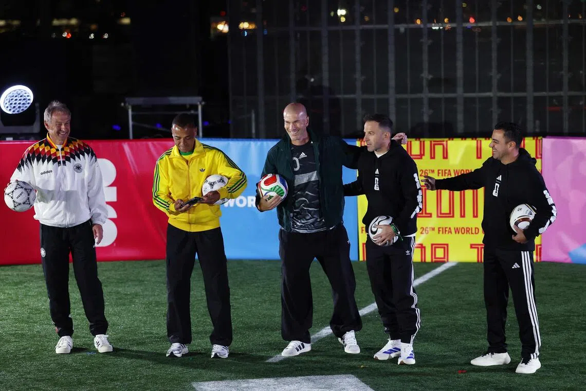 From left: Former footballers Jurgen Klinsmann, Cafu, Alessandro del Piero, Zinedine Zidane and Xavi Hernandez at the official launch of the Fifa World Cup 2026 Match Ball "Trionda" in New York City on Oct 2.   