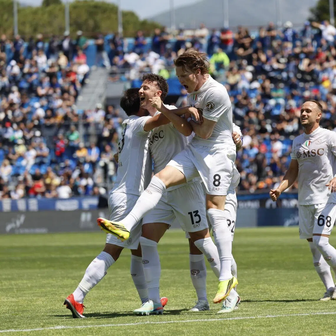 Napoli players celebrate after Amir Rrahmani's goal put them 2-0 up against  Pisa in their Italian Serie A soccer match at Arena Garibaldi stadium in Pisa, Italy on May 17, 2026. The visitors won 3-0.