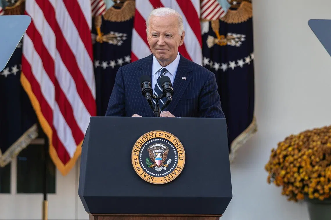 President Joe Biden speaking in the Rose Garden of the White House on Nov 7.