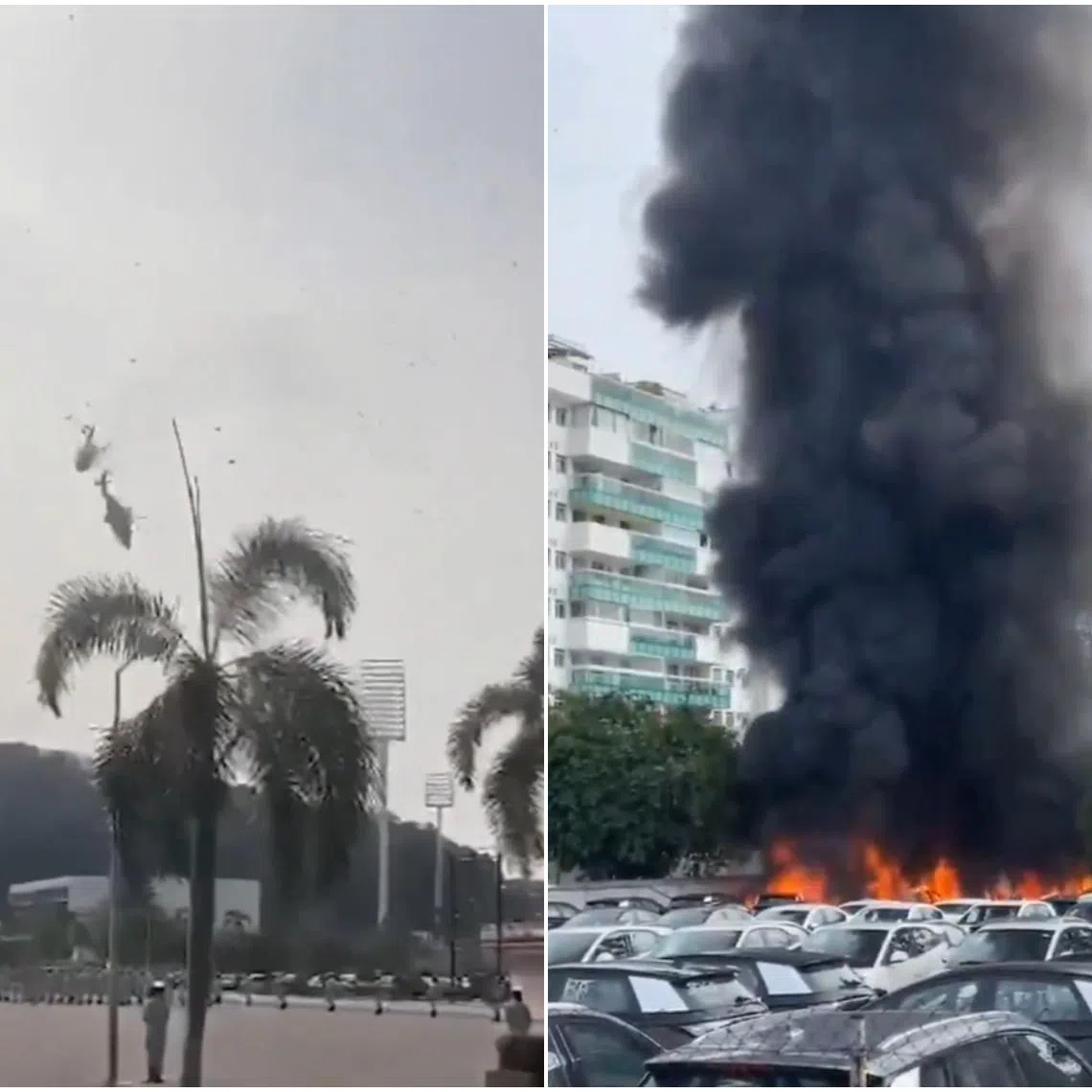 The helicopters collided midair before plummeting into the carpark of an electric car dealership, setting ablaze around 20 cars.