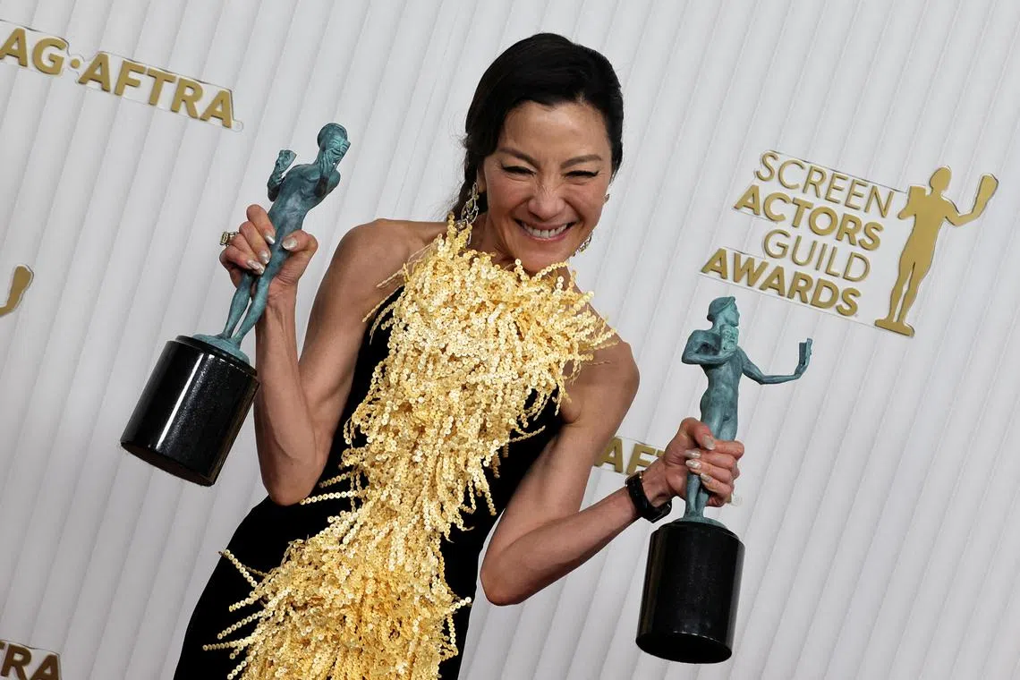 Michelle Yeoh poses backstage with the Outstanding Performance by a Female Actor in a Leading Role and Outstanding Performance by a Cast in a Motion Picture awards for "Everything Everywhere All at Once" during the 29th Screen Actors Guild Awards at the Fairmont Century Plaza Hotel in Los Angeles, California, U.S., Feb 26, 2023.