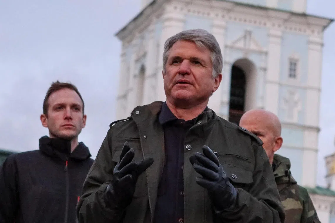 U.S. Congressman Michael McCaul (R-TX), chairman of the House Foreign Affairs Committee, attends a news briefing in front of Saint Michael's Cathedral, amid Russia's attack on Ukraine, in Kyiv, Ukraine February 21, 2023. REUTERS/Anna Voitenko