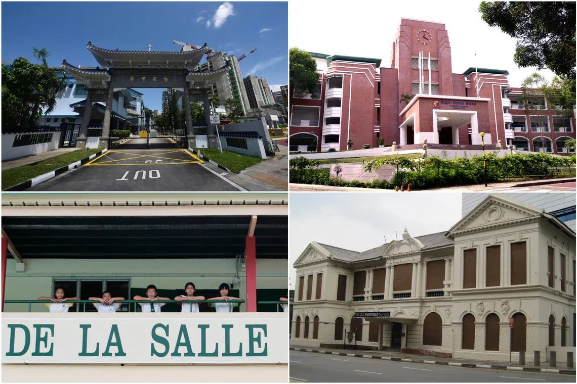 (Clockwise from top left) Maris Stella High School, Anglo-Chinese School (Primary), the old Fairfield Methodist Girls' School and De La Salle School.