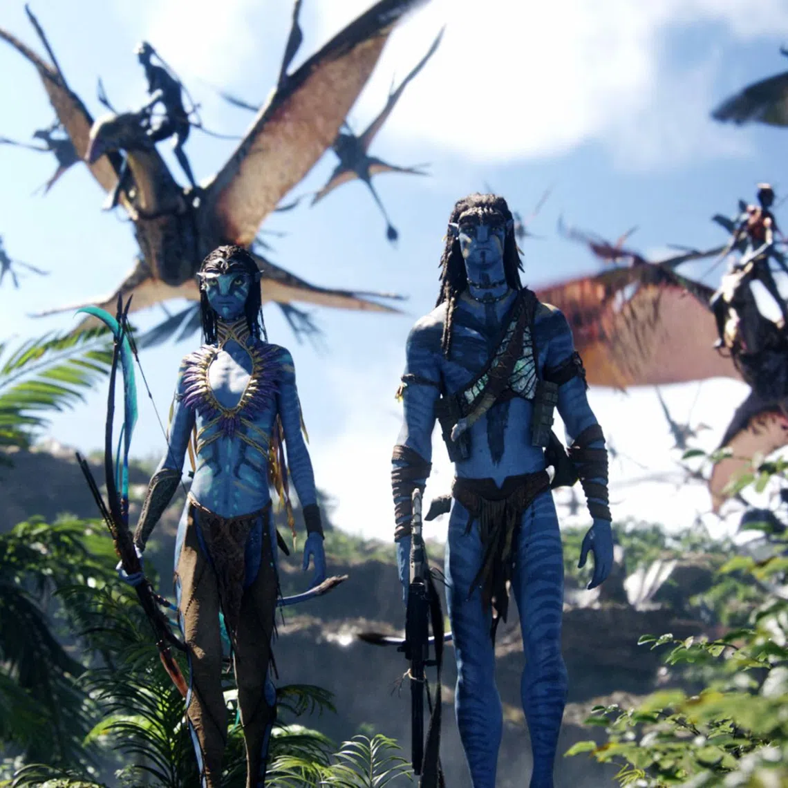 (From left) Neytiri (Zoe Saldana) and Jake Sully (Sam Worthington) in James Cameron’s Avatar: Fire And Ash.