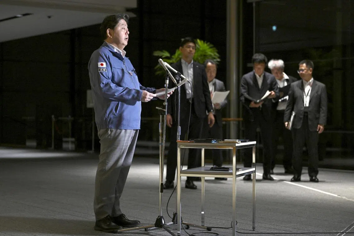 Japan's Chief Cabinet Secretary Yoshimasa Hayashi speaks about a Russian military patrol aircraft that violated Japanese airspace,  in Tokyo, Japan September 23, 2024, in this photo taken by Kyodo. Kyodo/via REUTERS
